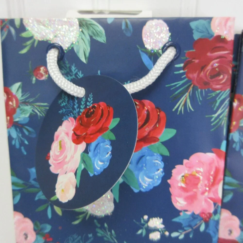 Lot of 3 Pioneer Woman Wine Bottle Gift Bag Christmas Wishful Winter Blue Floral